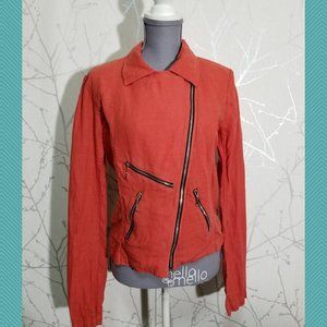 Fluxus Orange Linen Double Breasted Moto Jacket w/ Exposed Zippers